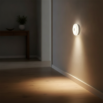 Luz LED redonda en pasillo de noche