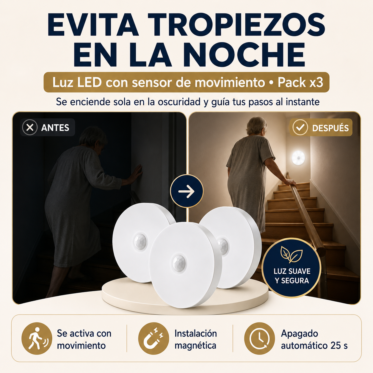 LUZ LED SENSOR DE MOVIMIENTO PACK 3